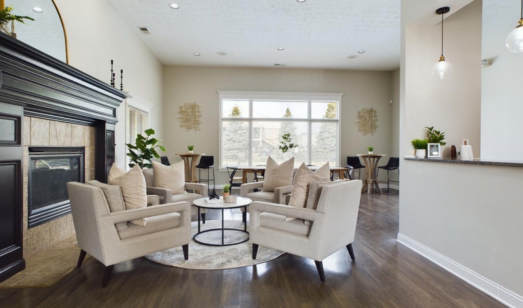 a living room with a fireplace